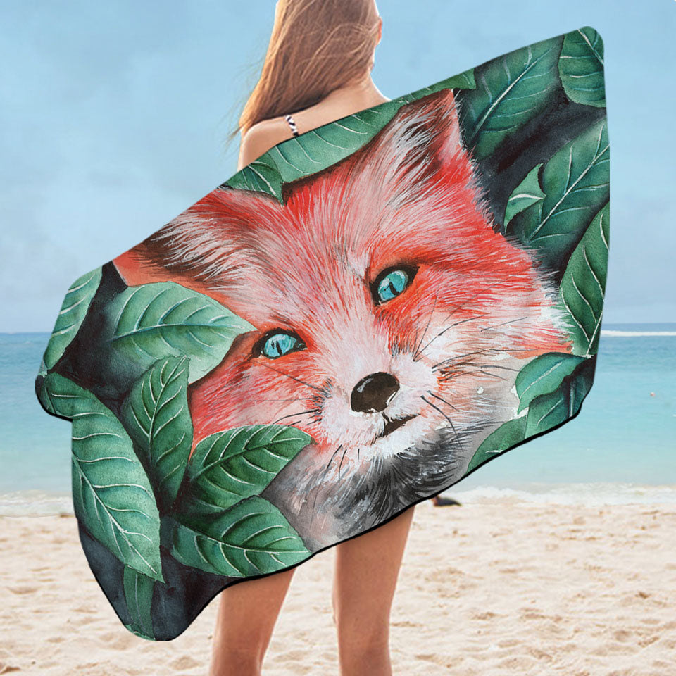 Unusual Beach Towels with Green Leaves and Cute Hidden Fox
