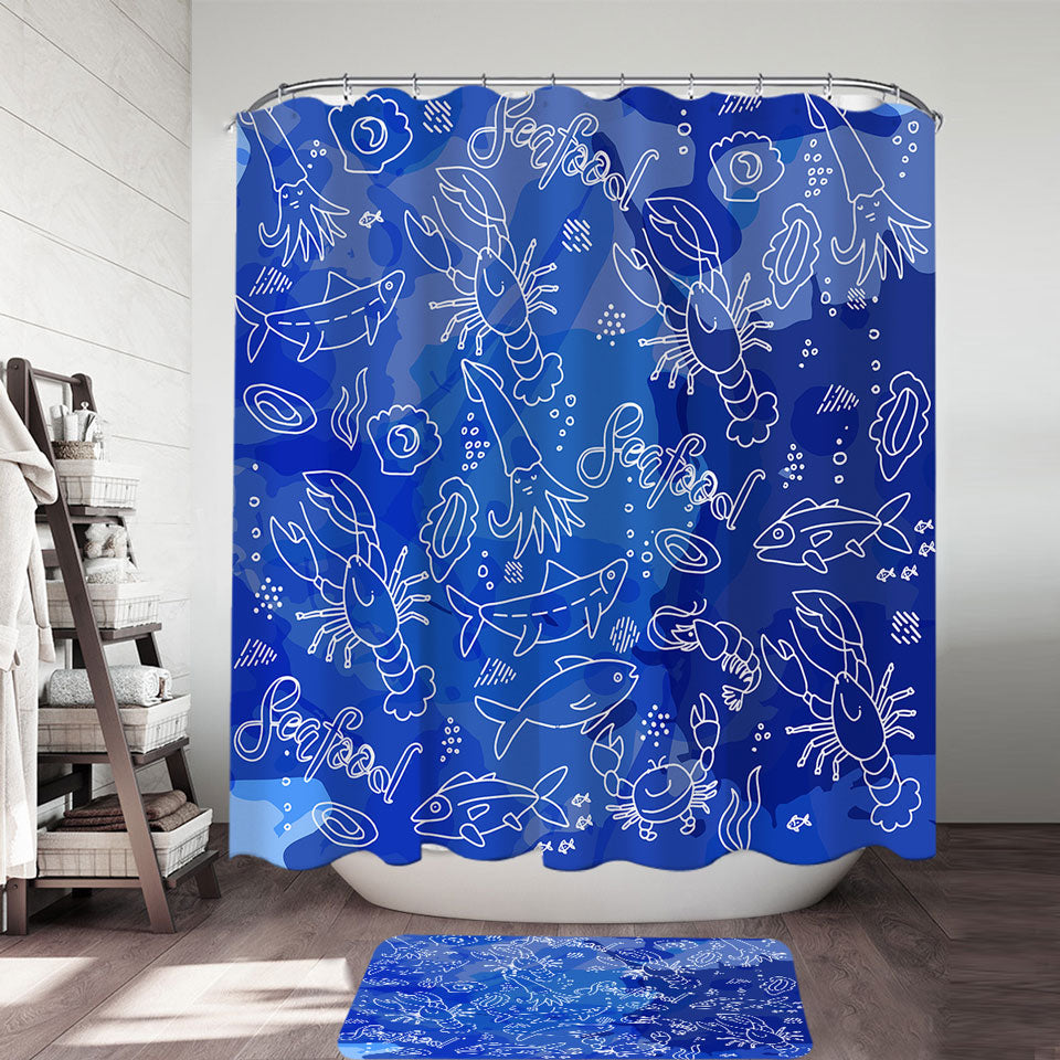 Unusual Shower Curtains Seafood Pattern over Blue