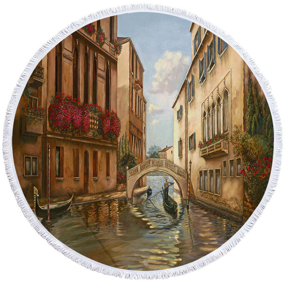 Venetian City Canal and Gondola Round Beach Towel