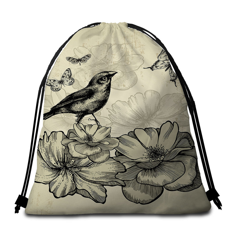 Vintage Beach Towel Bags Drawing Bird Flowers Butterflies