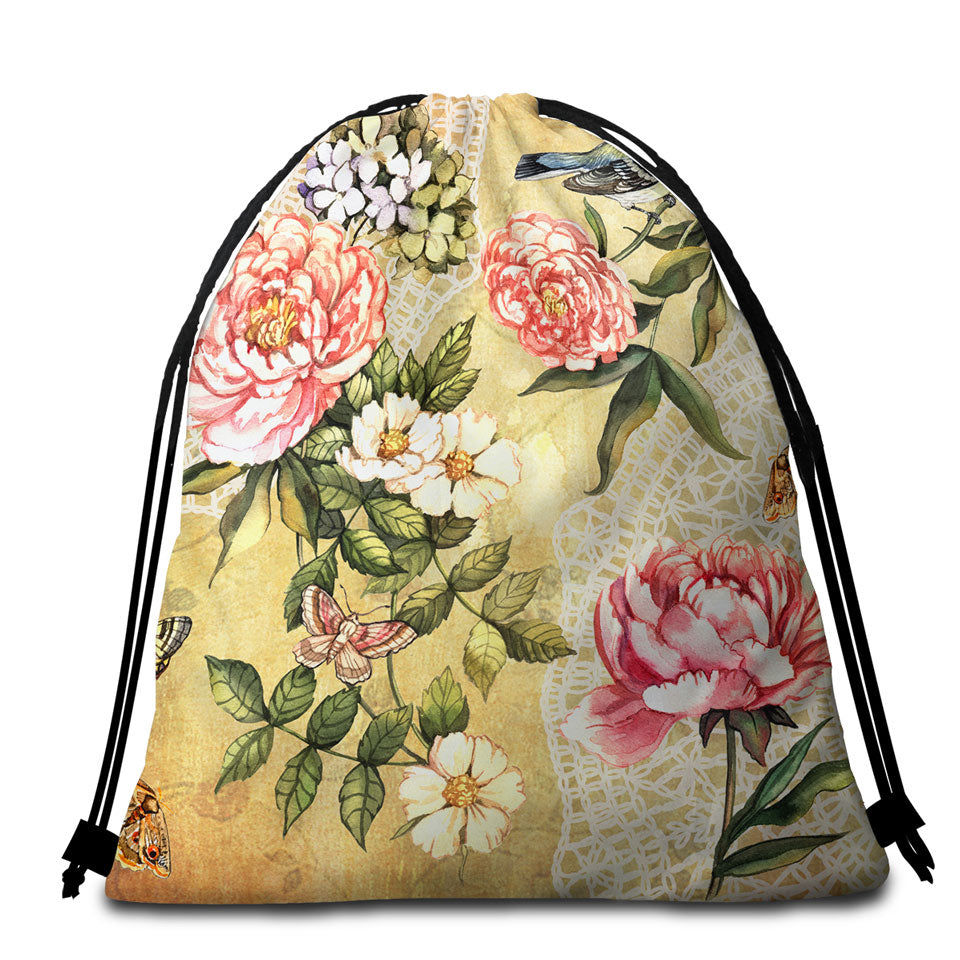 Vintage Beach Towel Bags Flowers Bird and Butterflies