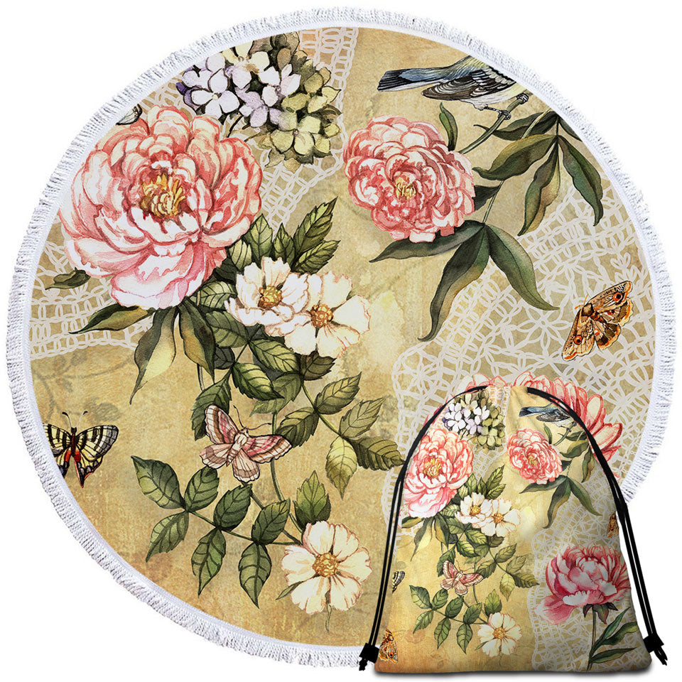 Vintage Beautiful Beach Towels Flowers Bird and Butterflies
