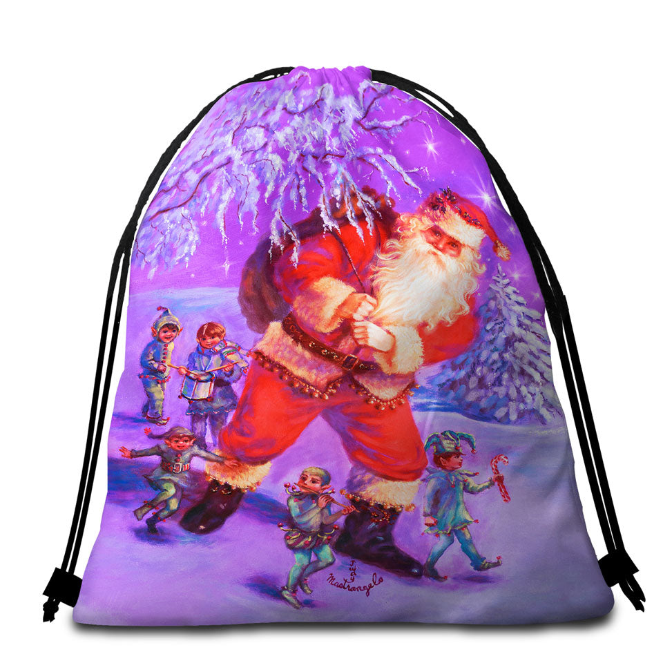 Vintage Christmas Beach Towel Bags Painting Santa and Elves