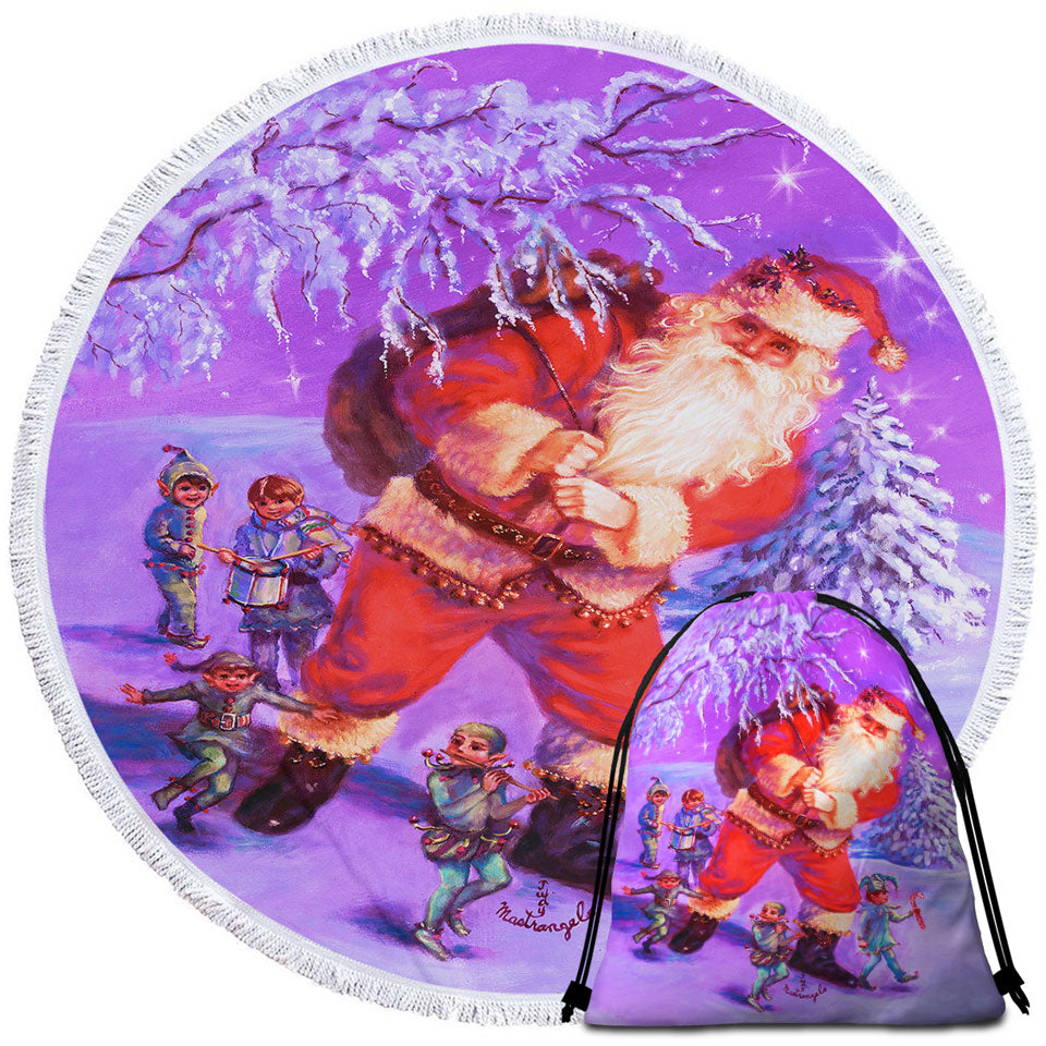 Vintage Christmas Beach Towels and Bags Set Painting Santa and Elves