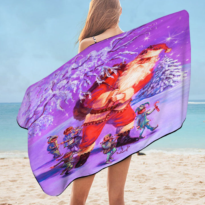 Vintage Christmas Pool Towels Painting Santa and Elves