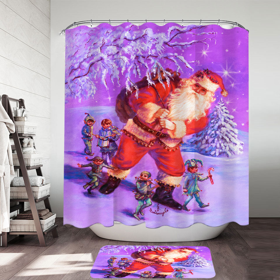 Vintage Christmas Shower Curtains Painting Santa and Elves