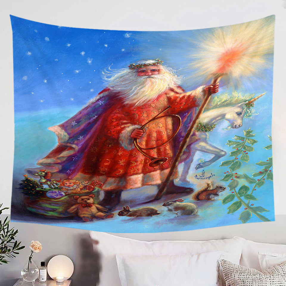 Vintage-Christmas-Tapestries-Wall-Art-Prints-Painting-Santa-and-Unicorn