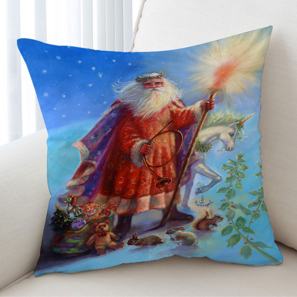 Vintage Christmas Throw Pillow Cover Painting Santa and Unicorn