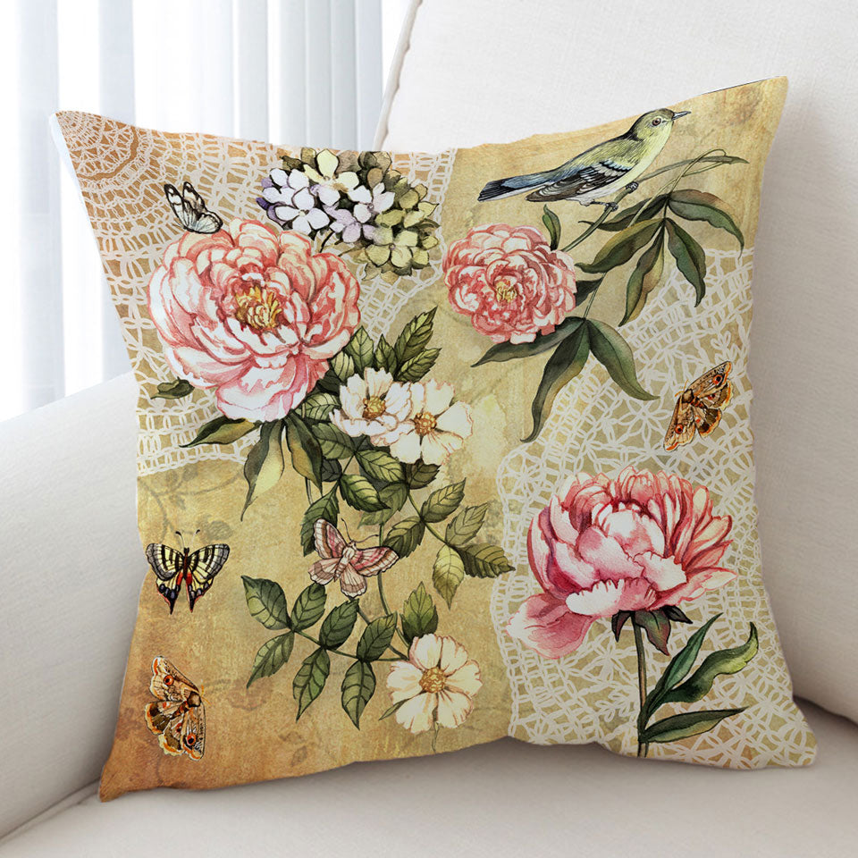 Vintage Cushion Covers Flowers Bird and Butterflies