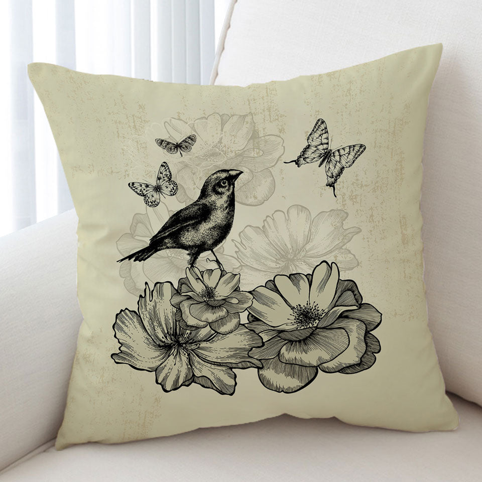 Vintage Cushion Drawing Cover Bird Flowers Butterflies