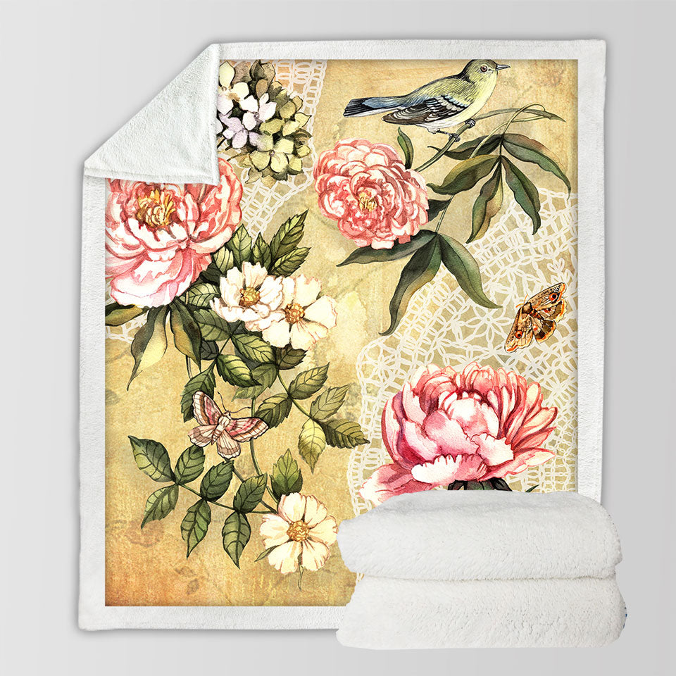Vintage Decorative Blankets Flowers Bird and Butterflies