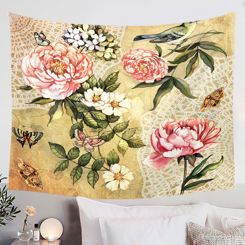 Vintage Flowers Bird and Butterflies Tapestries
