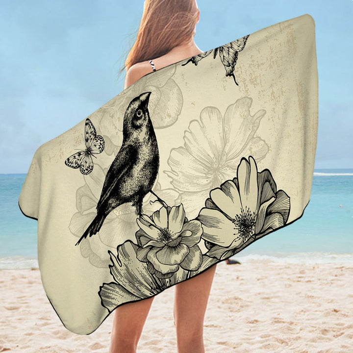 Vintage Microfiber Beach Towel Drawing Bird Flowers Butterflies