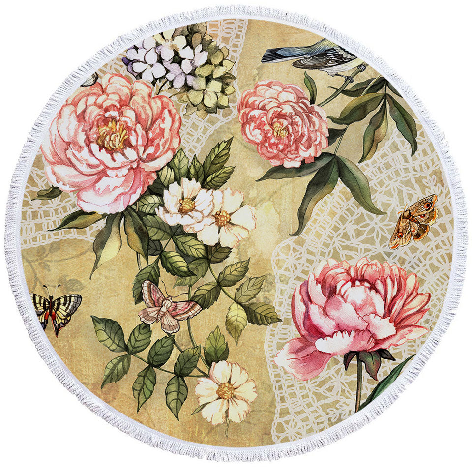 Vintage Microfiber Beach Towel Flowers Bird and Butterflies