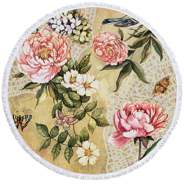 Vintage Microfiber Beach Towel Flowers Bird and Butterflies