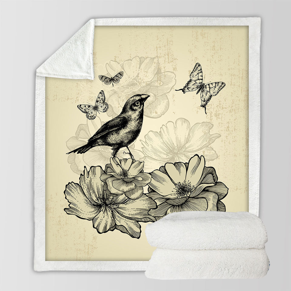 Vintage Sofa Blankets Drawing Bird Flowers Butterflies