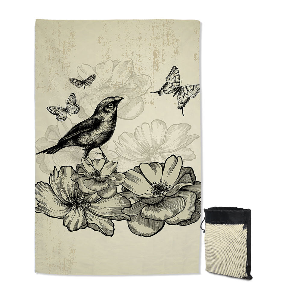 Vintage Travel Beach Towel Drawing Bird Flowers Butterflies