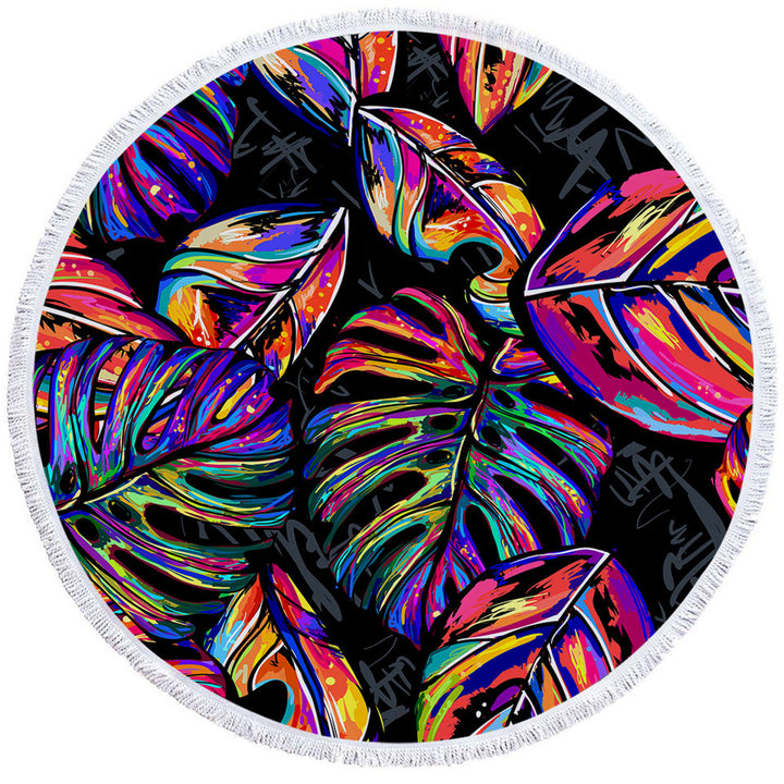 Vivid Colorful Tropical Leaves Round Beach Towel
