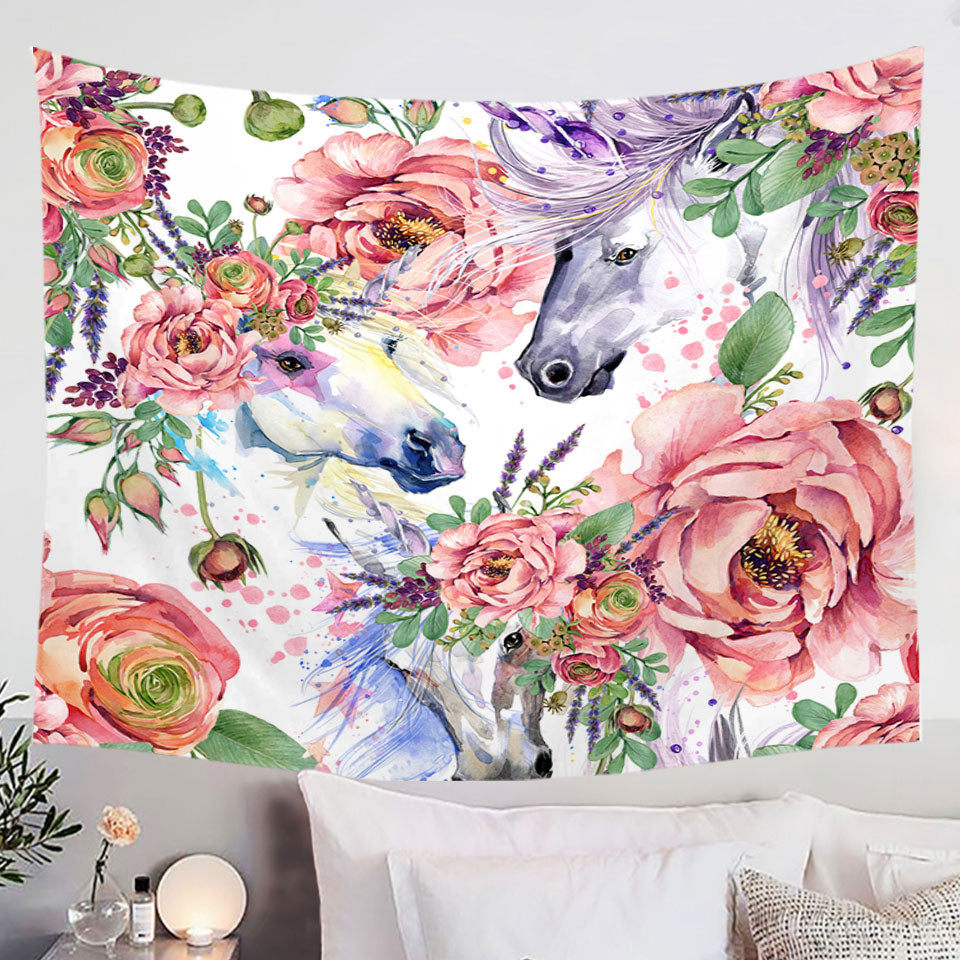 Wall Art Beautiful Painting of Flowers and Horses Wall Decor Tapestry