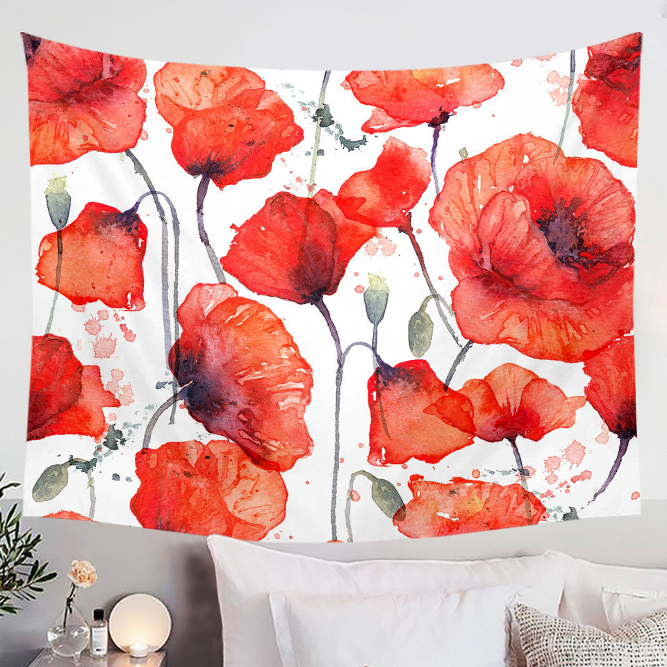 Wall Art Decor Tapestry with Vivid Red Poppy Flowers
