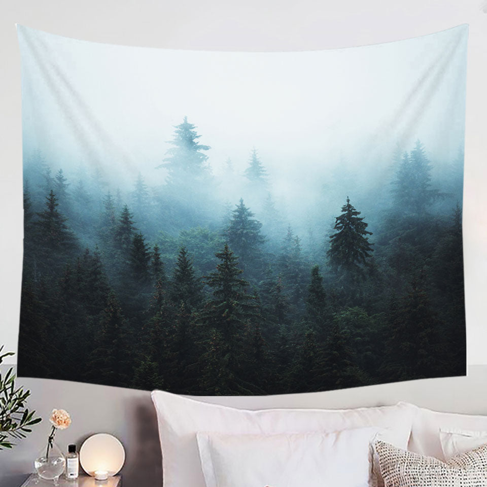 Wall Art Foggy Pine Forest Fabric Tapestry