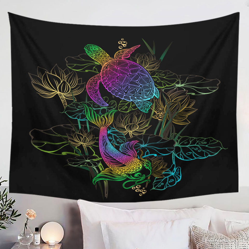 Wall Art Tapestries with Colorful Oriental Turtle and Koi Fish