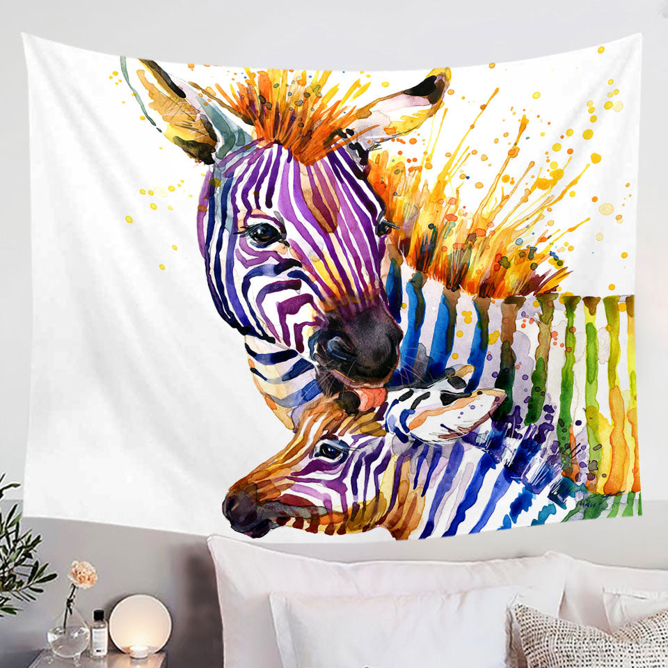 Wall Art Tapestry of Colorful Colt and Momma Zebra