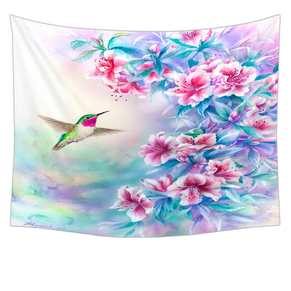 Wall Decor Features Flower Art Pinkish Hibiscus and Hummingbird Tapestry