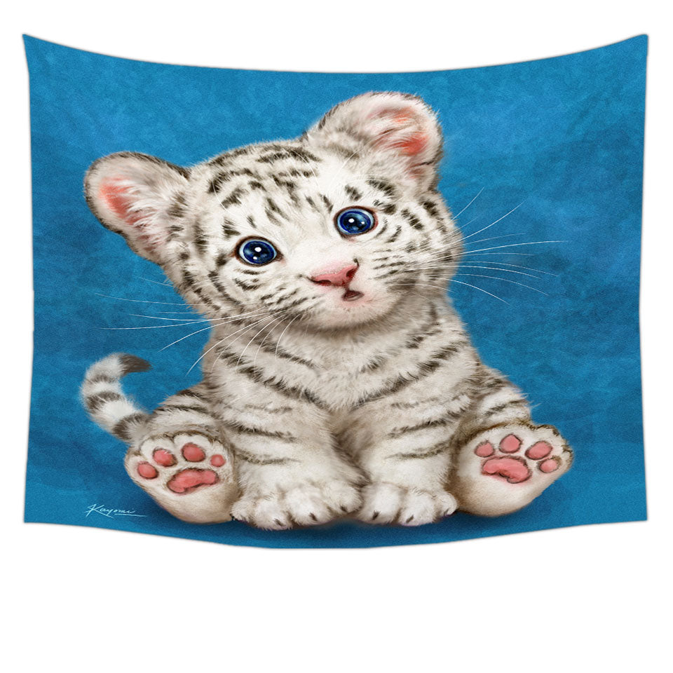 Wall Decor Kids Design Baby Blue Eyes White Tiger Cub Tapestry