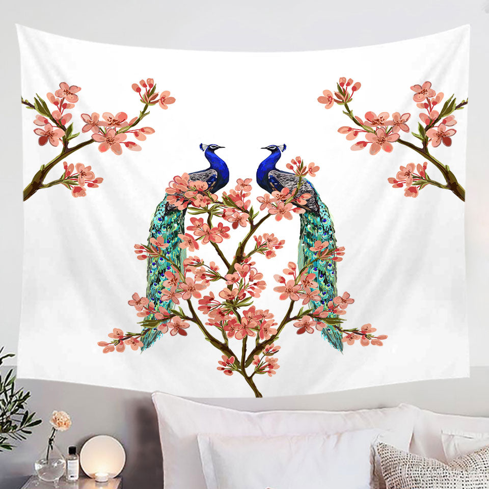 Wall Decor Tapestries with Peacocks and Pink Flowers