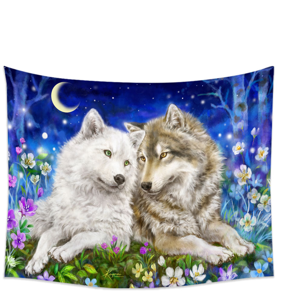 Wall Decor Tapestries with Wolves Art Design Flowers and Love at Night