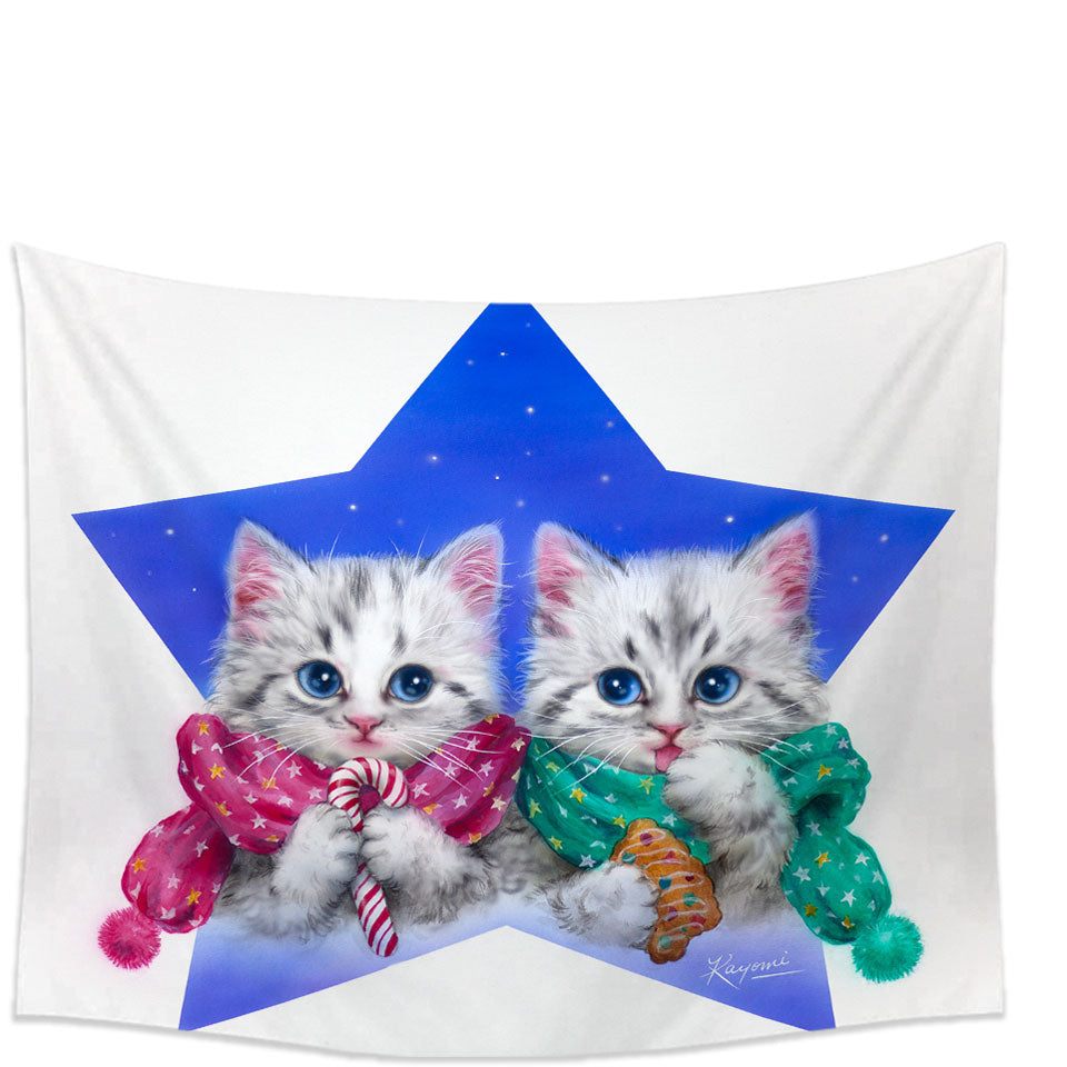 Wall Decor Tapestry Christmas Star with Two Cute Grey Kittens