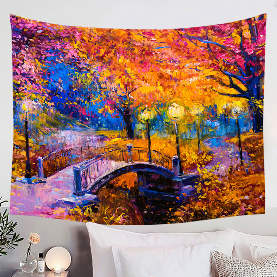 Wall Decor Tapestry Wooded Park and Bridge Gorgeous Autumn Art Prints