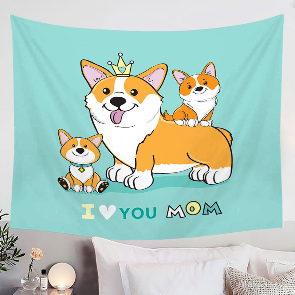 Wall Decor Tapestry for Children Mom and Puppies Cute Corgi Dog Family