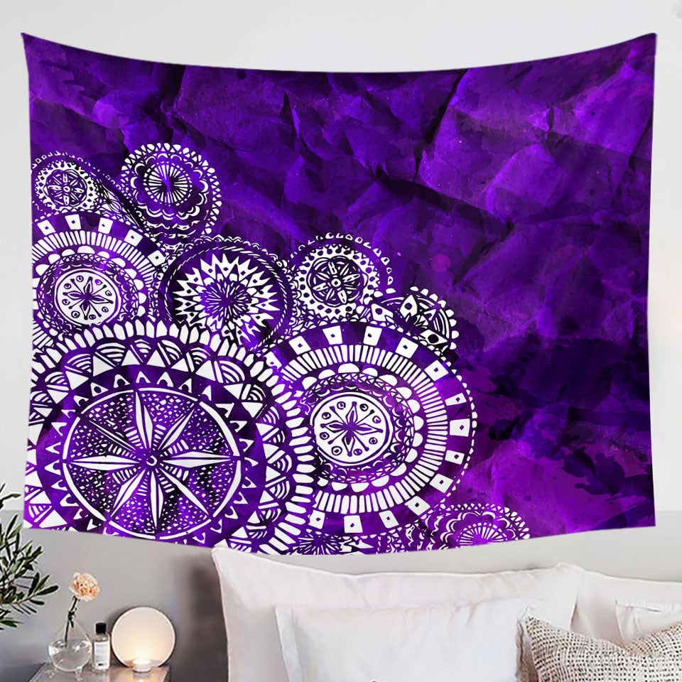 Wall Decor Tapestry of White Mandalas Over Purple
