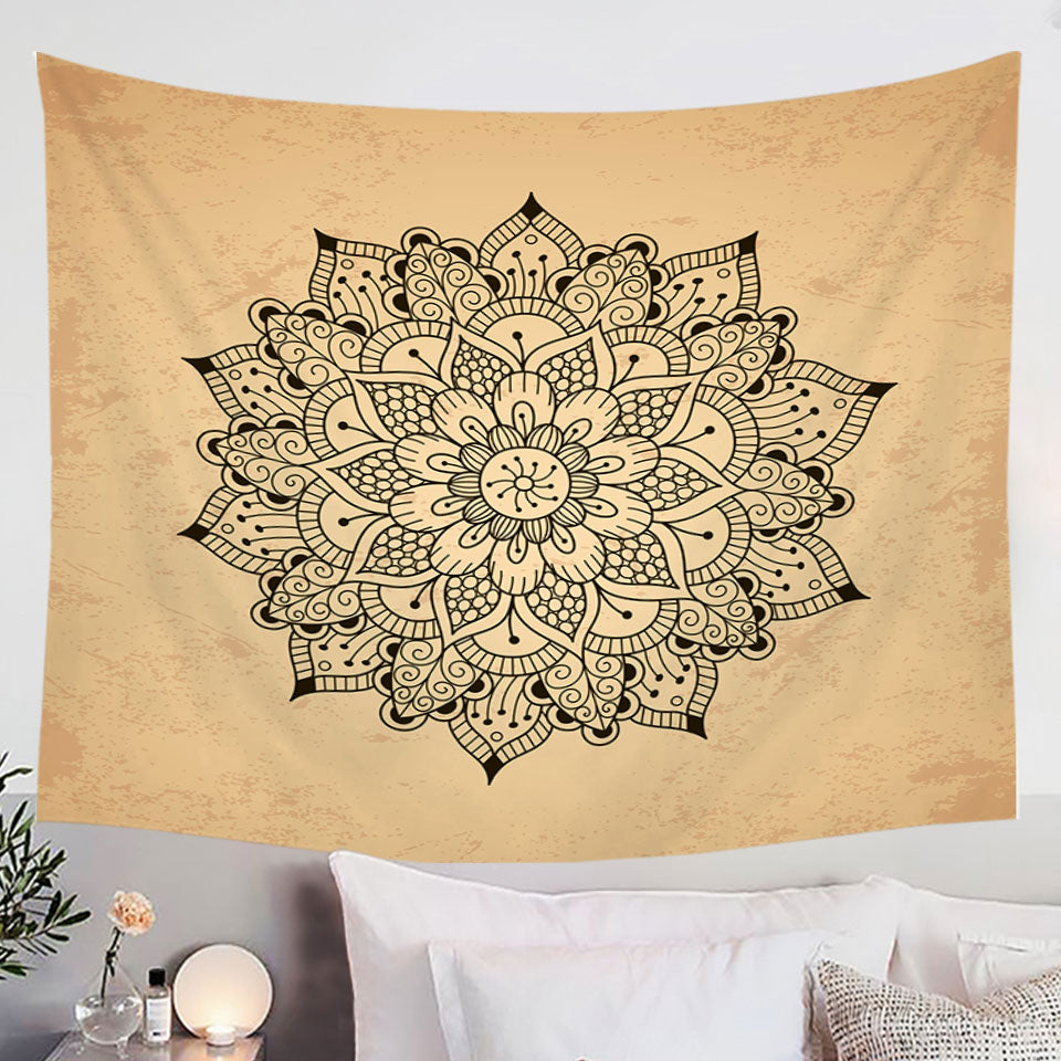 Wall Decor Tapestry with Black Mandala over Light Tan