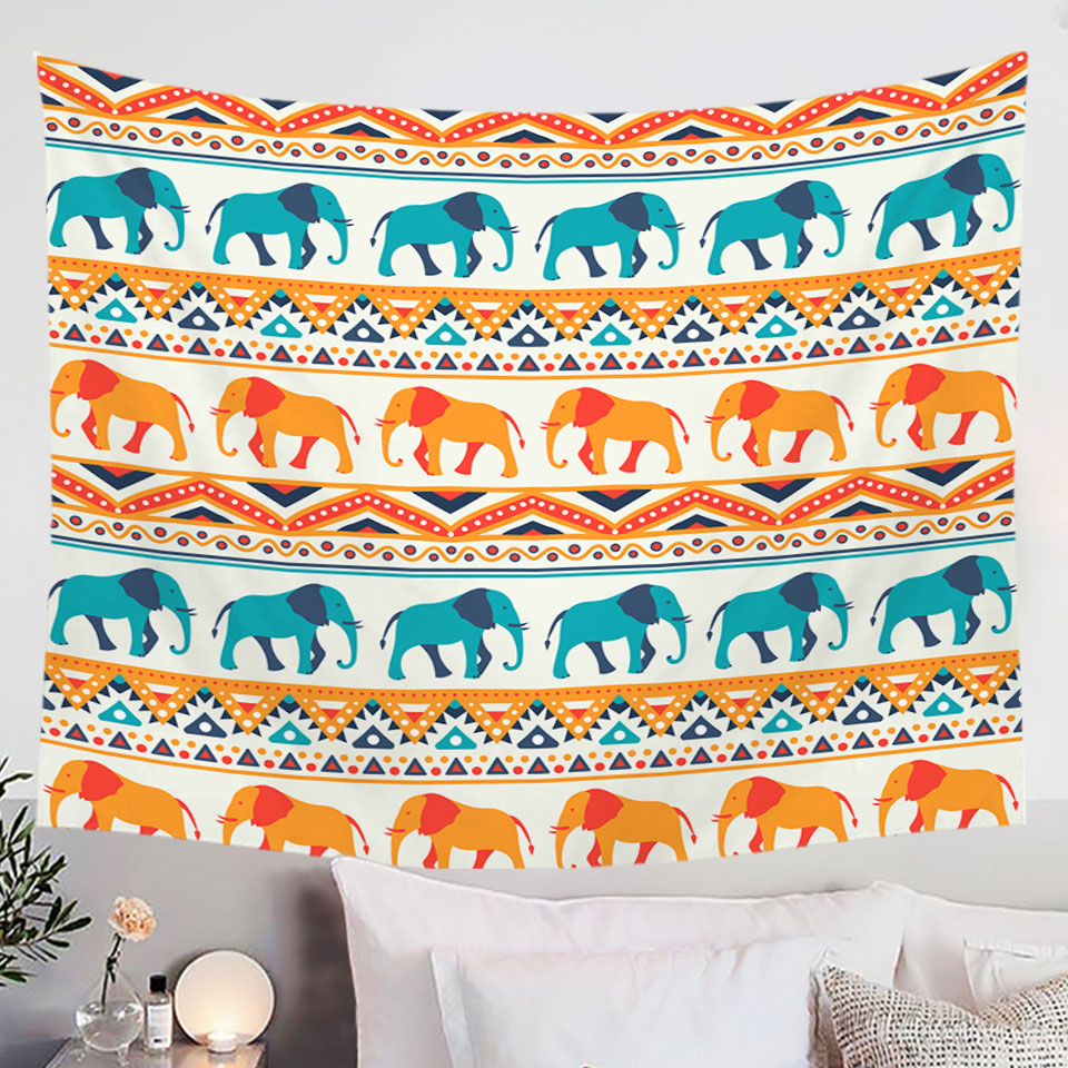 Wall Decor Tapestry with Blue Orange Elephants on African Design