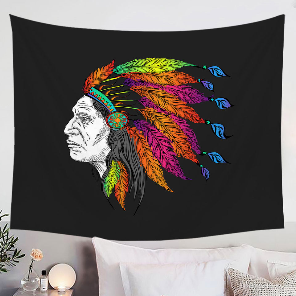 Wall Decor Tapestry with Colorful Feathers on a Tough Native American Chief