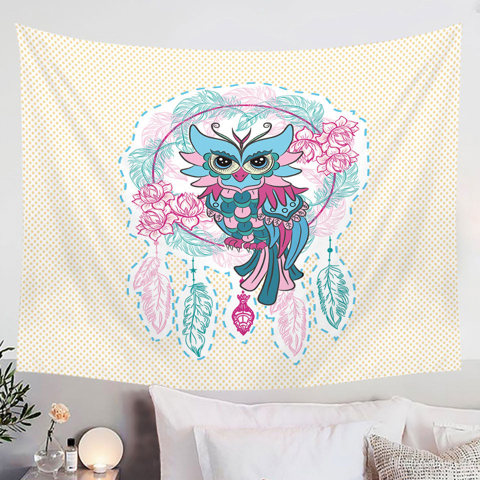 Wall Decor Tapestry with Dream Catcher and Graceful Lady Owl