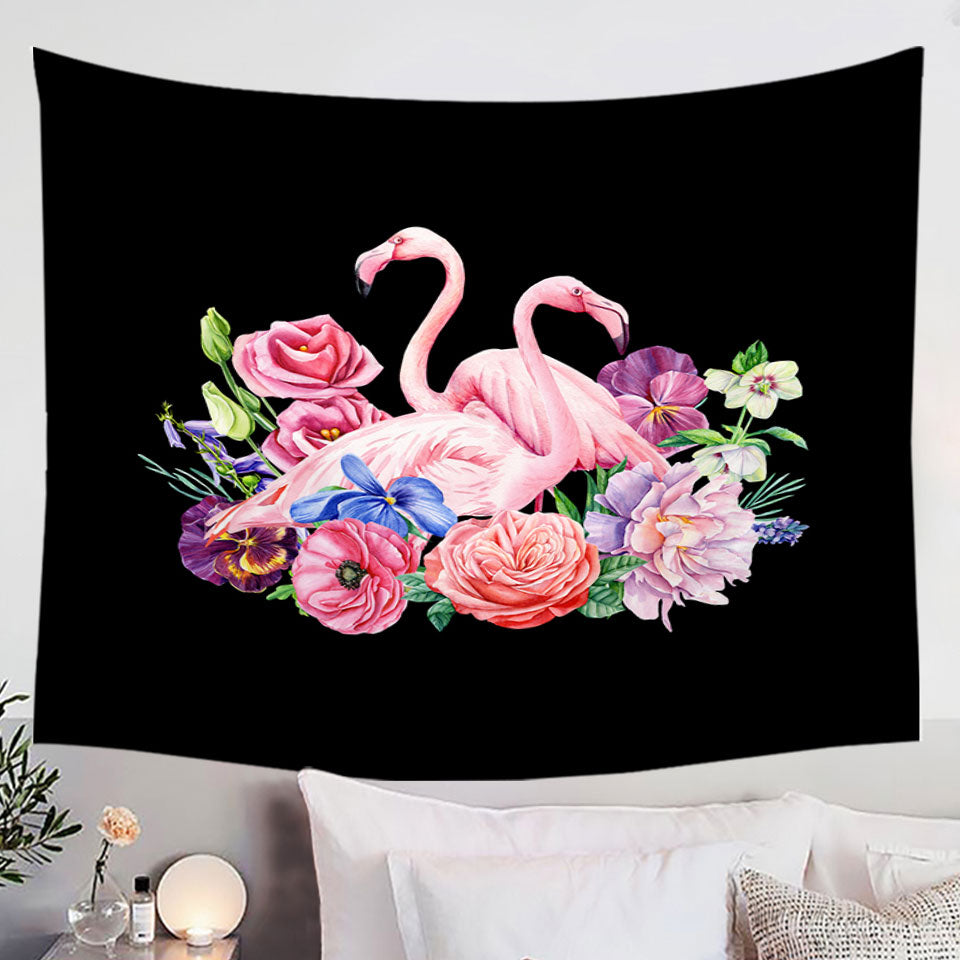 Wall Decor Tapestry with Flamingos and Flowers over Black