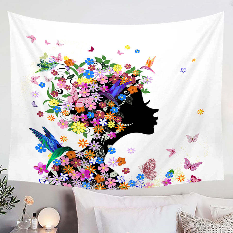 Wall Decor Tapestry with Flower Girl and Hummingbirds