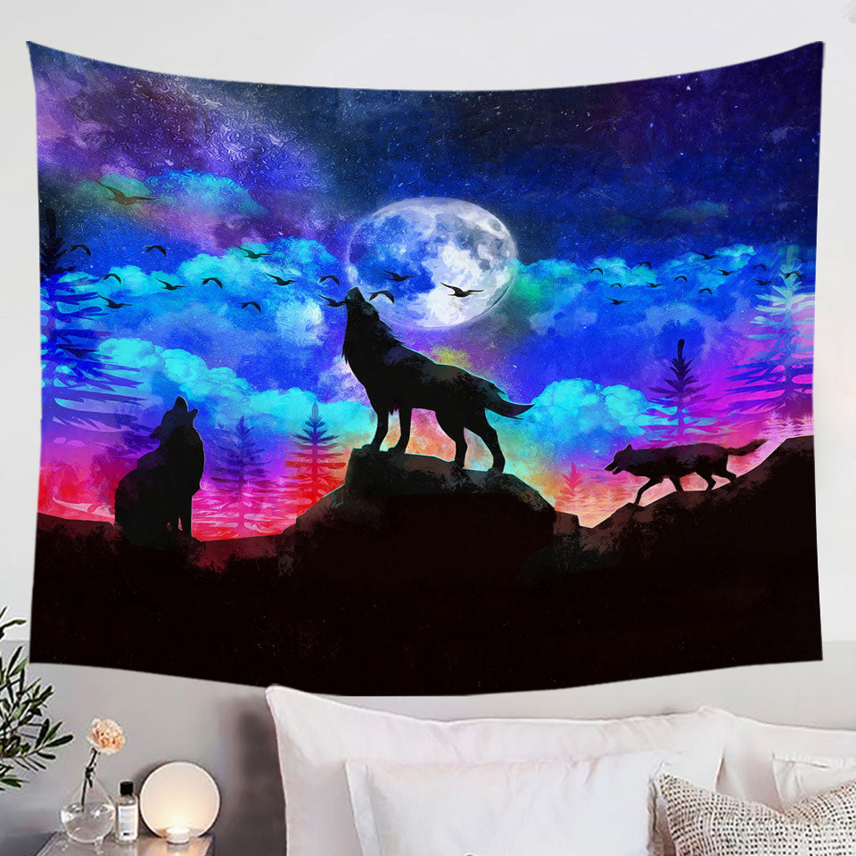 Wall Decor Tapestry with Full Moon Night Wolf Pack