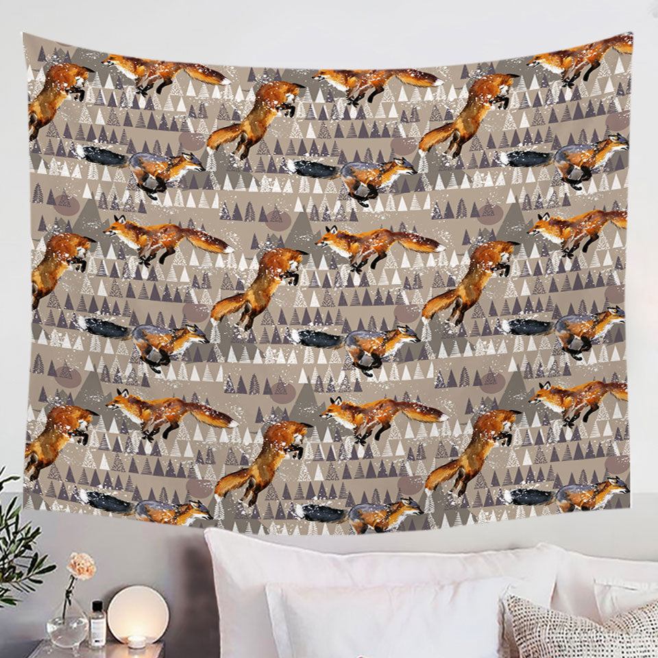 Wall Decor Tapestry with North American Trees Behind Playful Fox
