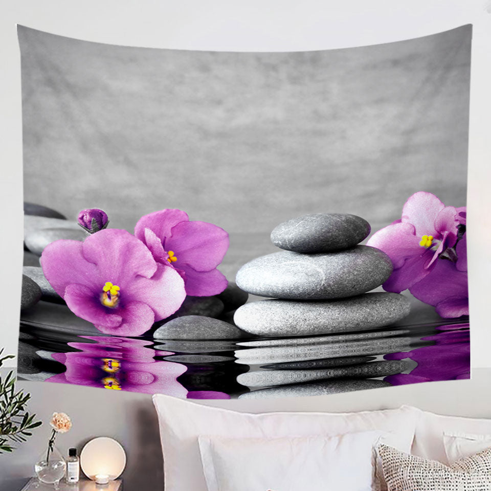 Wall Decor Tapestry with Purple Orchid Flower over Spa Pebbles