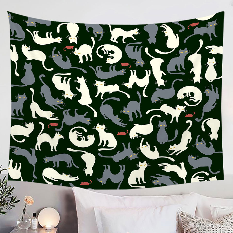 Wall Decor Tapestry with Red Mice and White Grey Cats