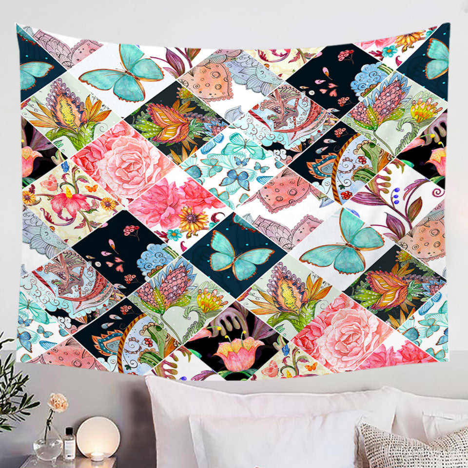 Wall Decor Tapestry with Rhombuses of Flowers and Butterflies