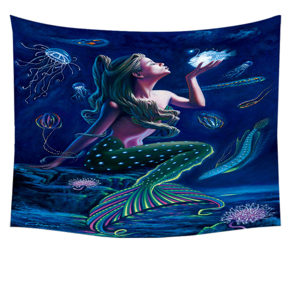 Wall Decor Underwater Mermaid Tapestry with Fish and Jellyfish