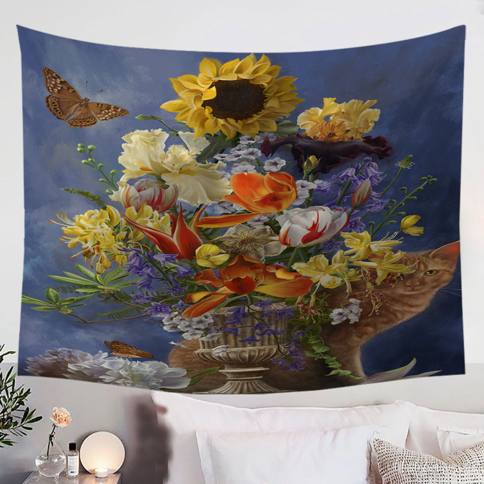 Wall-Decor-with-Cats-Art-Colorful-Flower-Bouquet-and-Cat