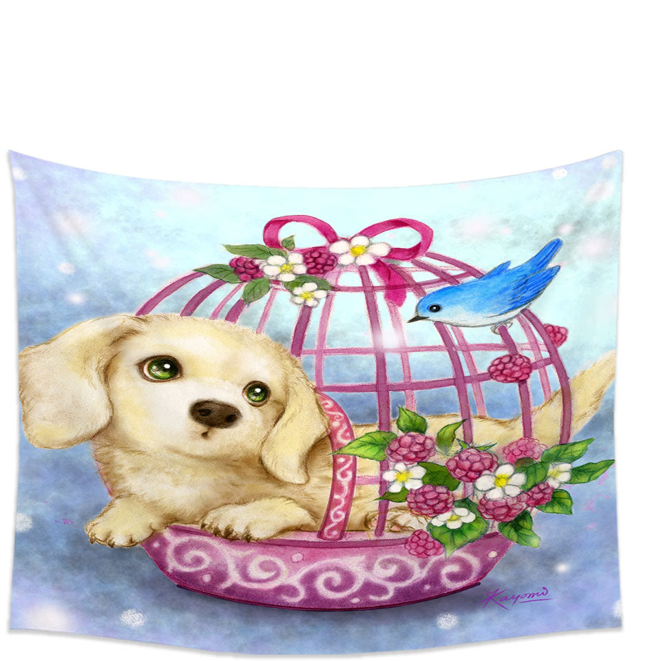 Wall Decor with Dogs Art Cute Dachshund in Bird Cage Tapestry