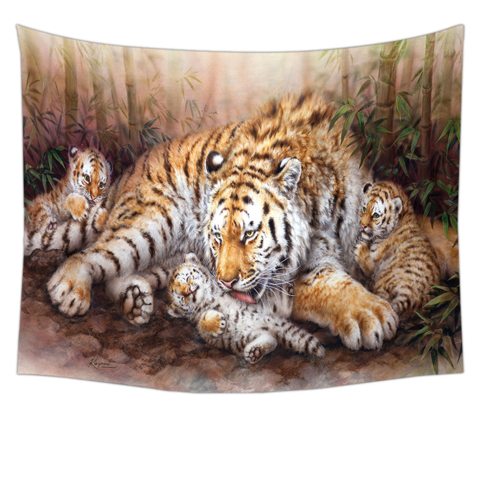 Wall Decor with Wildlife Animal Art Tiger Family in Bamboo Forest